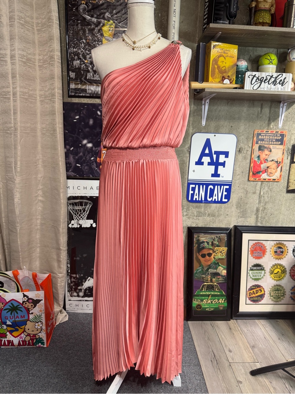 White House Black Market Coral One-Shoulder Pleated Maxi Dress